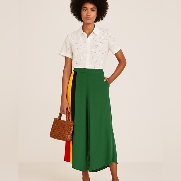 Farm Rio Boho Reggae Festival Striped Green Pink Asymmetrical Cropped Pants G/L - Picture 10 of 13